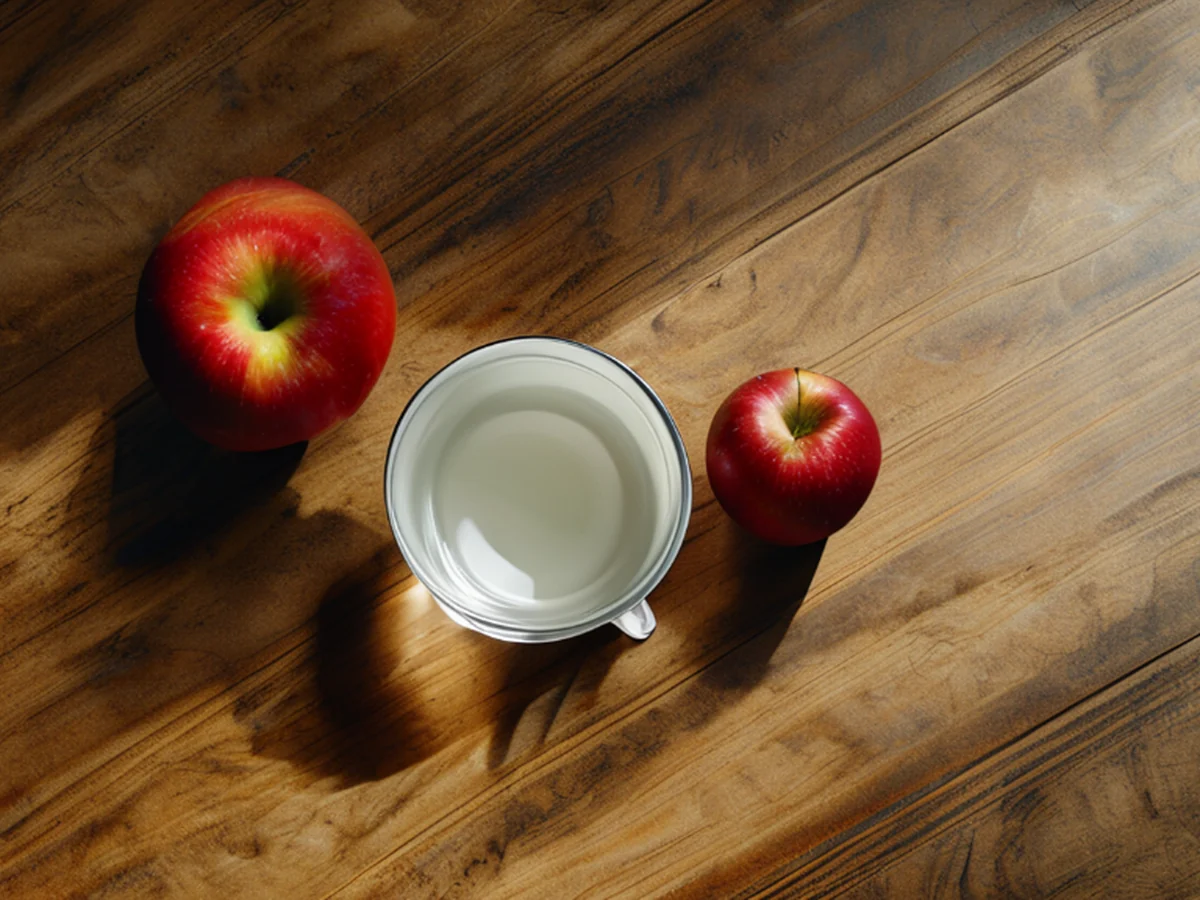 close detail of the main object, overhead view of a wooden table with a glass of water, a white ceramic mug, and a single red apple arranged in a flat lay