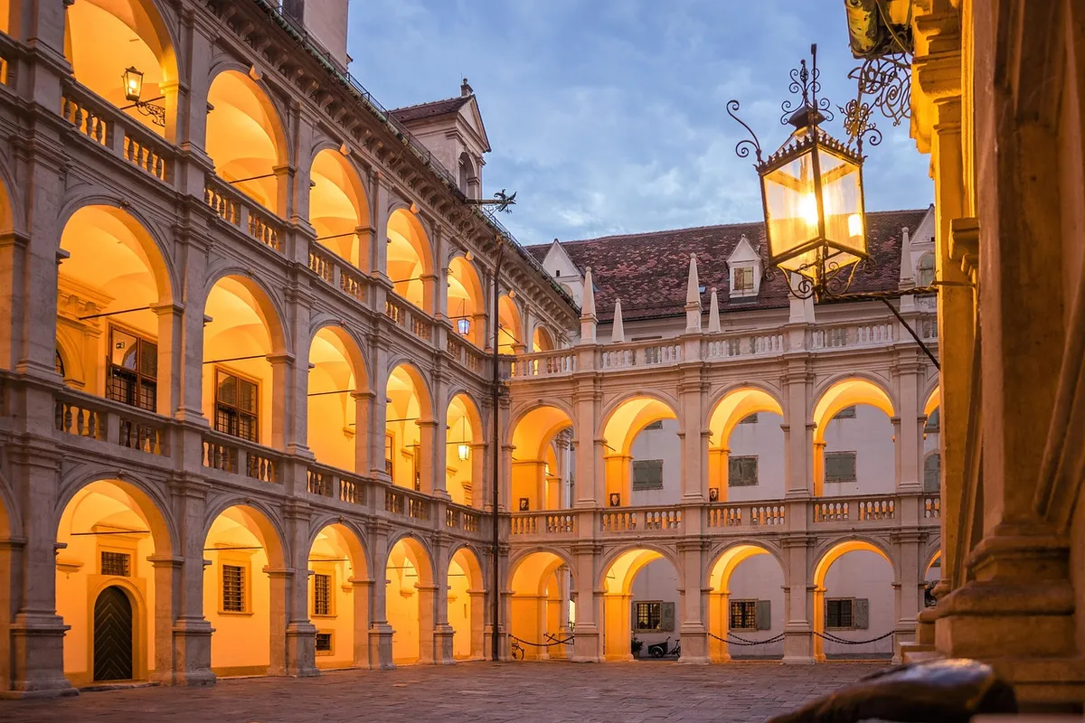 graz, country house, building, lighting, styria, arcades, columns, austria, tourism, renaissance, houses of parliament, architecture, archway, terrace, dish, fa