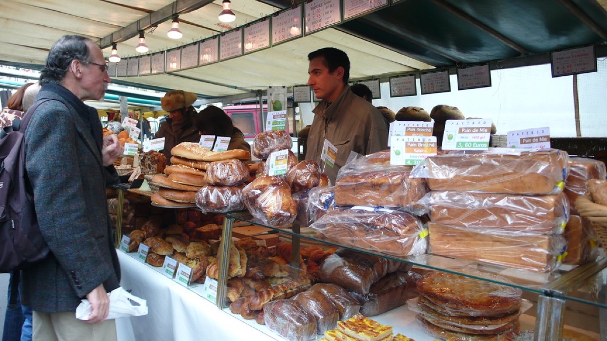 Bread shop in Paris with variety of pastries and bread