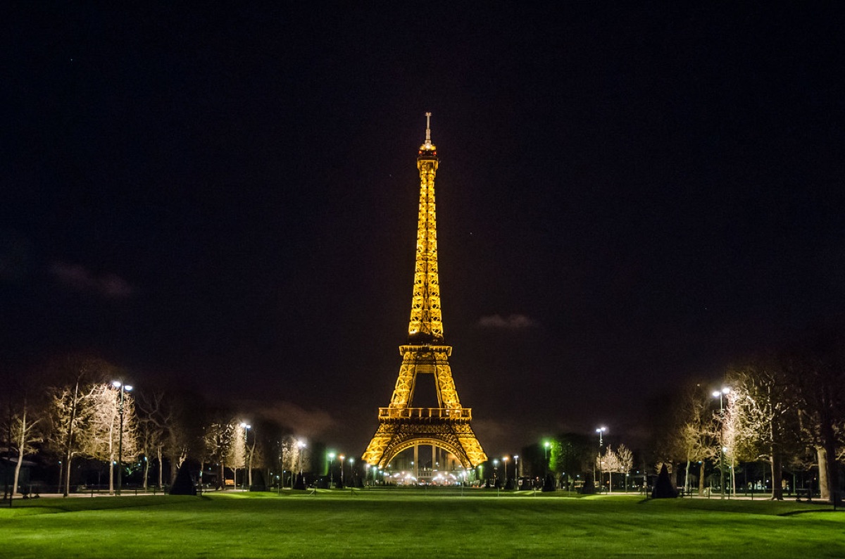 eiffel tower at night with no people or logos