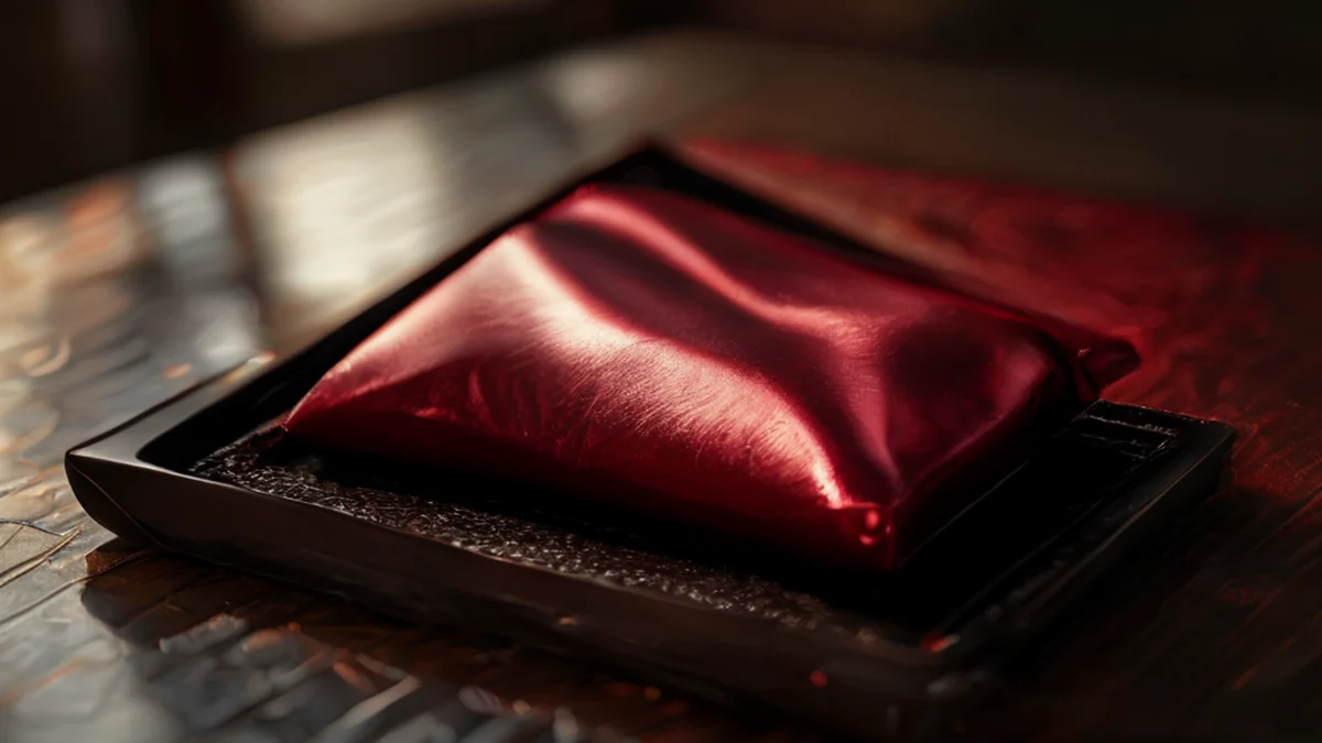 Satin pouch with smooth, shiny surface and elegant design.
